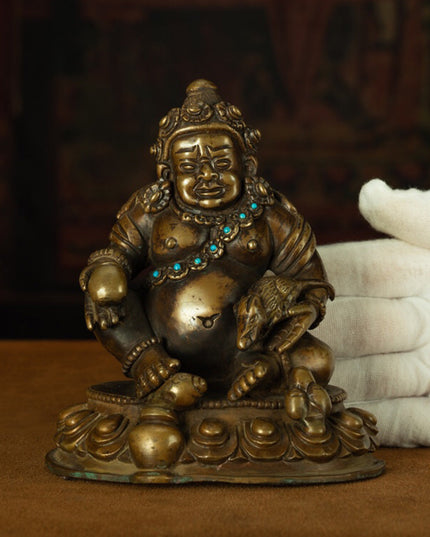 13th Century Tibetan Antique Buddha Statue Yellow God of Wealth Turquoise Inlay  Pala Style