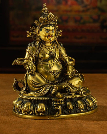 19th Century Yellow Jambhala Old Bronze Glit Antique Buddha Statue Sholdopal