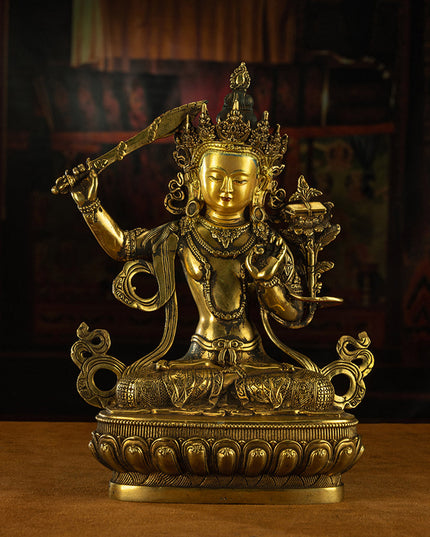 19th Century Manjusri Bodhisattva Tibet Antique Buddha Statue Yellow Lima gilt bronze Sera Monastery
