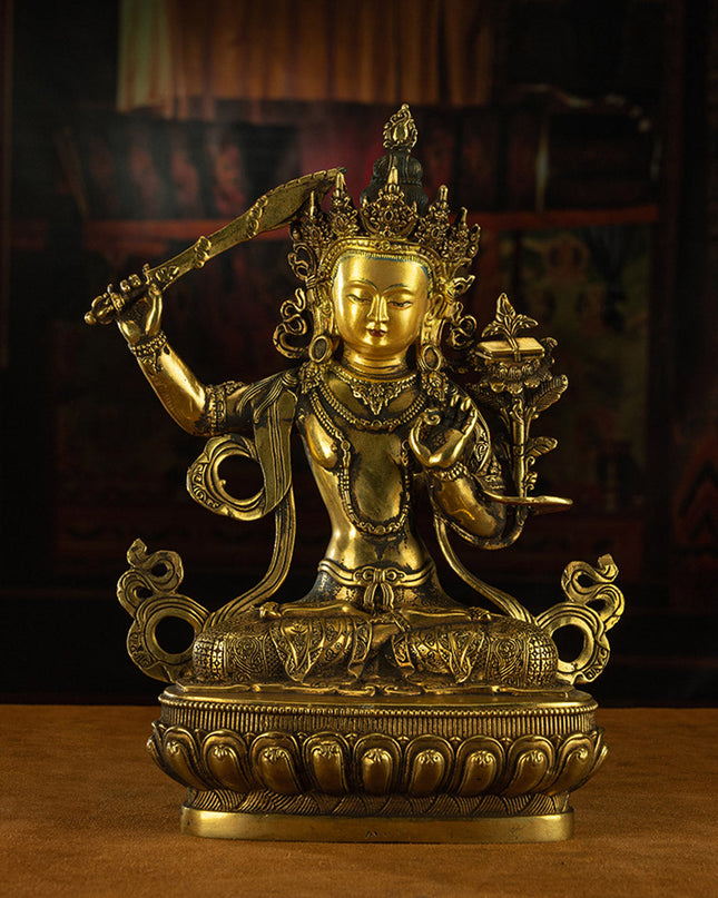 19th Century Manjusri Bodhisattva Tibet Antique Buddha Statue Yellow Lima gilt bronze Sera Monastery