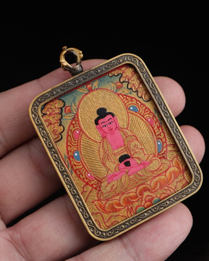 Zodiac Dog & Pig - Amitabha Buddha Tibetan Thangka Pendant Hand-painted with Gold Outline and Vajra Shell