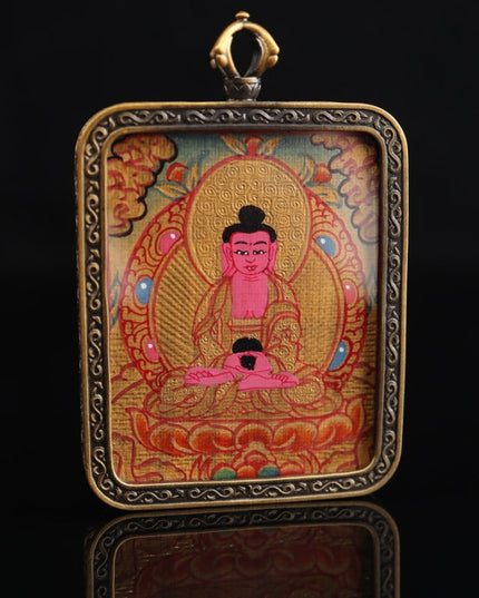 Zodiac Dog & Pig - Amitabha Buddha Tibetan Thangka Pendant Hand-painted with Gold Outline and Vajra Shell