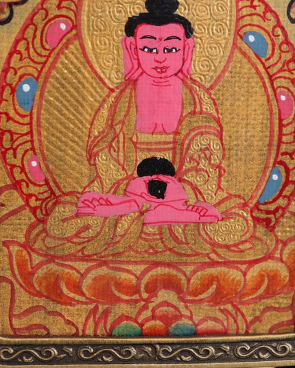 Zodiac Dog & Pig - Amitabha Buddha Tibetan Thangka Pendant Hand-painted with Gold Outline and Vajra Shell