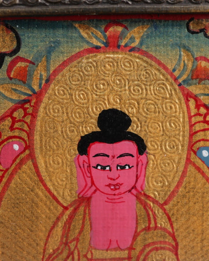 Zodiac Dog & Pig - Amitabha Buddha Tibetan Thangka Pendant Hand-painted with Gold Outline and Vajra Shell