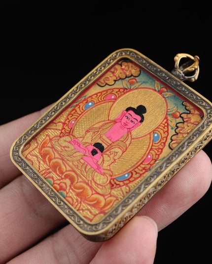 Zodiac Dog & Pig - Amitabha Buddha Tibetan Thangka Pendant Hand-painted with Gold Outline and Vajra Shell