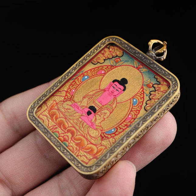 Zodiac Dog & Pig - Amitabha Buddha Tibetan Thangka Pendant Hand-painted with Gold Outline and Vajra Shell