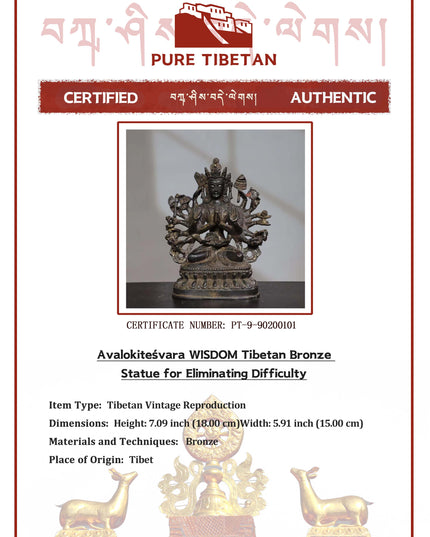 Avalokiteśvara WISDOM Tibetan Bronze Statue for Eliminating Difficulty