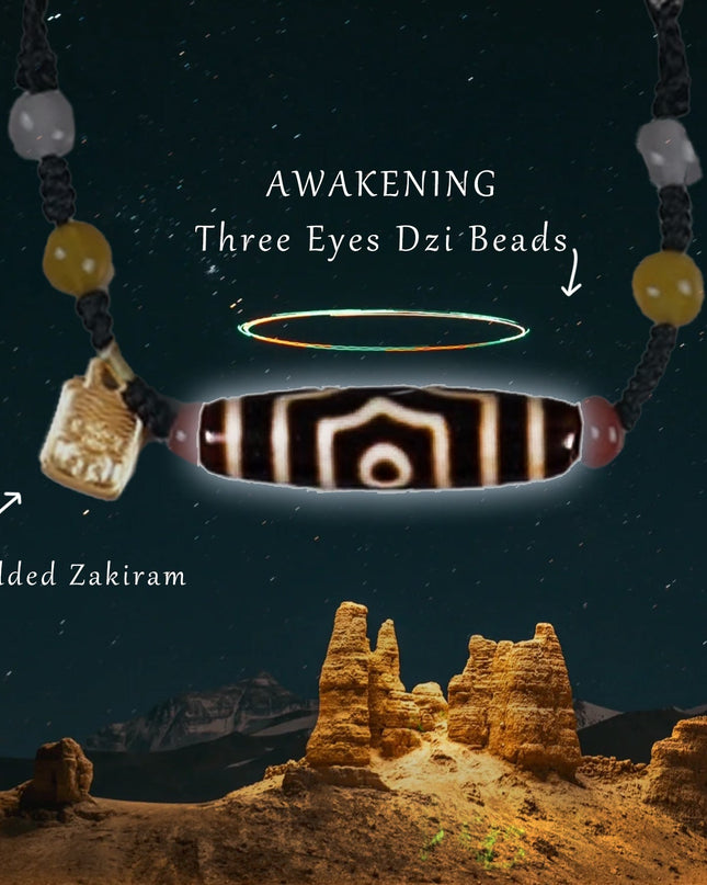 Awakening Three Eyes Dzi Beads Tibetan Necklace Natural agate chalcedony