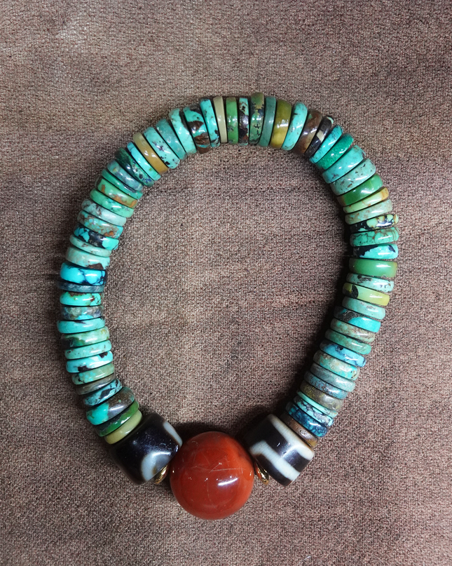 【Unique Item】 Natural Turquoise Dzi  Bead Bracelet (Women's Edition)