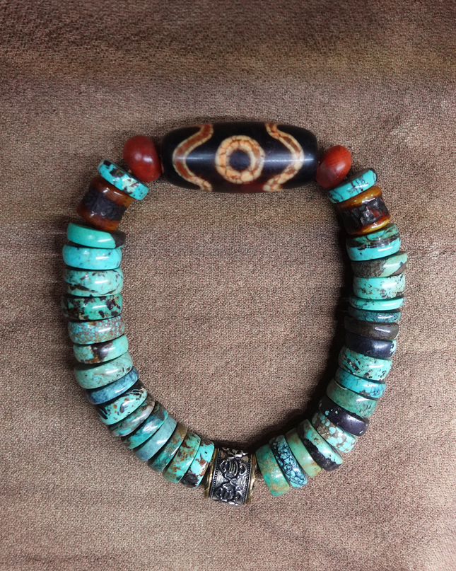 【Unique Item】 Natural Turquoise Dzi  Bead Bracelet (Men's Edition)