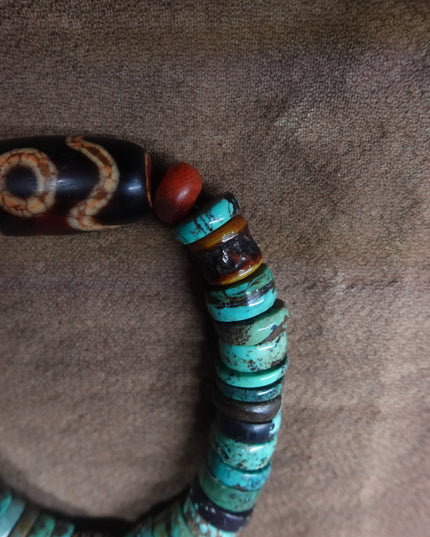 【Unique Item】 Natural Turquoise Dzi  Bead Bracelet (Men's Edition)