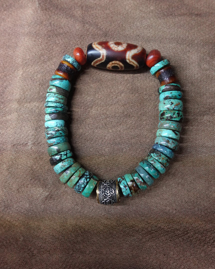 【Unique Item】 Natural Turquoise Dzi  Bead Bracelet (Men's Edition)