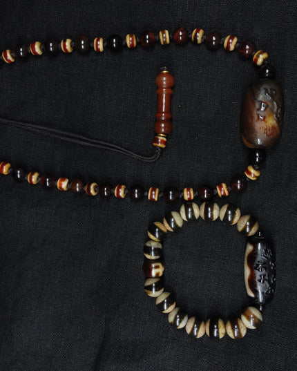 【Unique Item】 Old Agate Six-Syllable Mantra Bodhi Dzi Bead Necklace