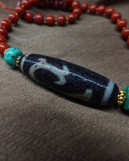【Unique Item】 Green Turquoise South Red Agate Weathered Heavenly Bead Necklace