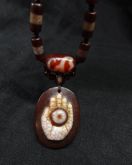 【Unique Item】 Noble Person Lotus Buddha Hand Seal Dzi bead  Necklace