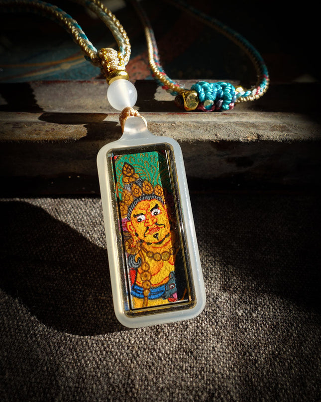 Yellow Dzambhala Wealth Pendant | Tibetan Agate Amulet with Mantra