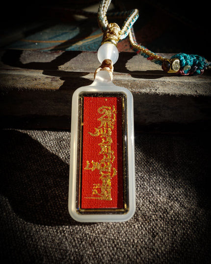 Yellow Dzambhala Wealth Pendant | Tibetan Agate Amulet with Mantra