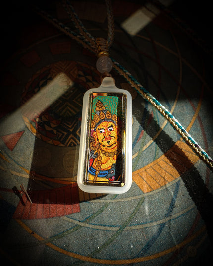 Yellow Dzambhala Wealth Pendant | Tibetan Agate Amulet with Mantra