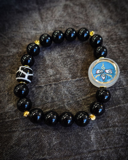 Tibetan Black Onyx Bracelet with Jambhala Buddha Eye & Turtle-Back Longevity Bead