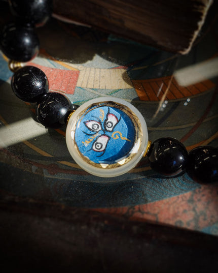 Tibetan Black Onyx Bracelet with Jambhala Buddha Eye & Turtle-Back Longevity Bead