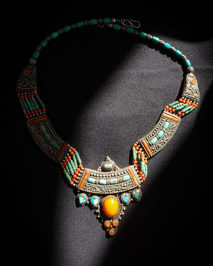 Tibetan Amber, Turquoise & Coral Necklace with White Copper