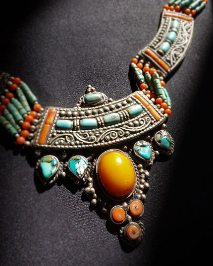 Tibetan Amber, Turquoise & Coral Necklace with White Copper
