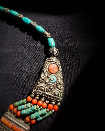Tibetan Amber, Turquoise & Coral Necklace with White Copper