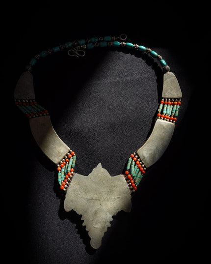 Tibetan Amber, Turquoise & Coral Necklace with White Copper