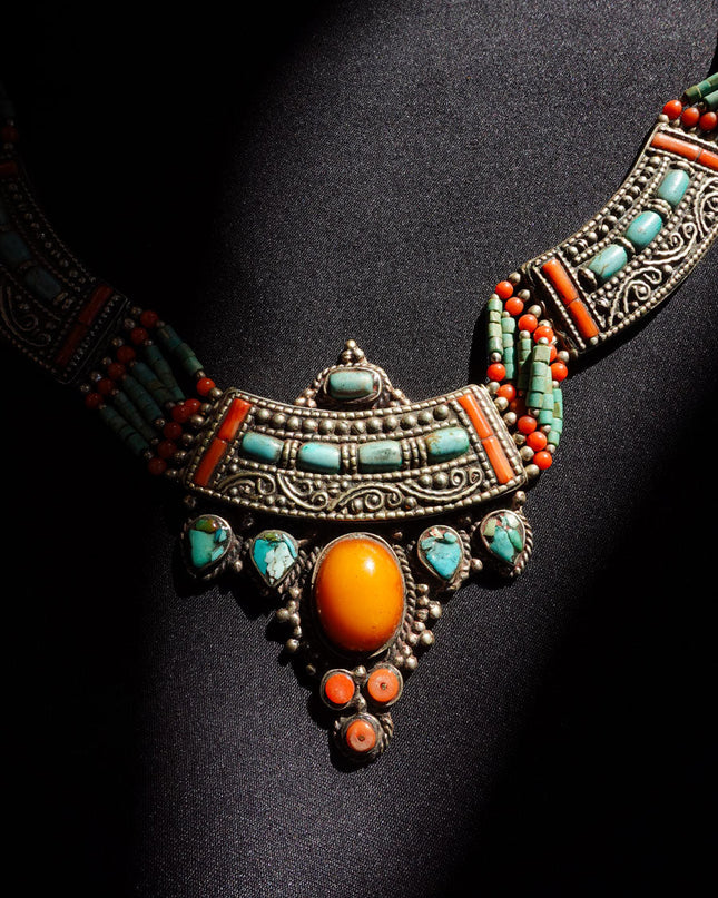 Tibetan Amber, Turquoise & Coral Necklace with White Copper
