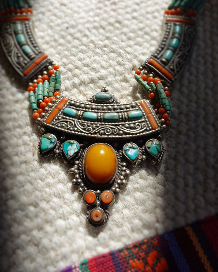 Tibetan Amber, Turquoise & Coral Necklace with White Copper