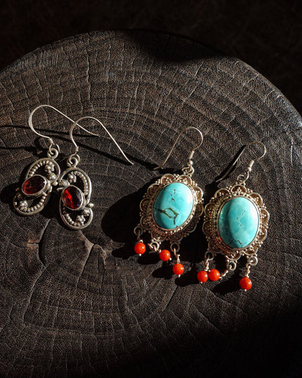 Sterling Silver Earrings with Turquoise & Red Agate