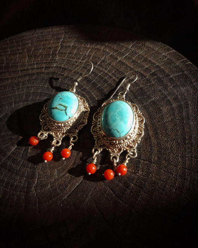 Sterling Silver Earrings with Turquoise & Red Agate
