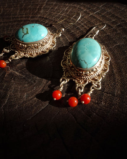 Sterling Silver Earrings with Turquoise & Red Agate