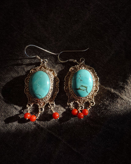 Sterling Silver Earrings with Turquoise & Red Agate