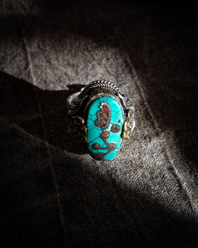 Turquoise & Red Coral Patch Ring | Sterling Silver & Brass with Auspicious Knot