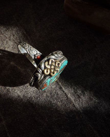 Turquoise & Red Coral Patch Ring | Sterling Silver & Brass with Auspicious Knot