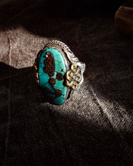 Turquoise & Red Coral Patch Ring | Sterling Silver & Brass with Auspicious Knot