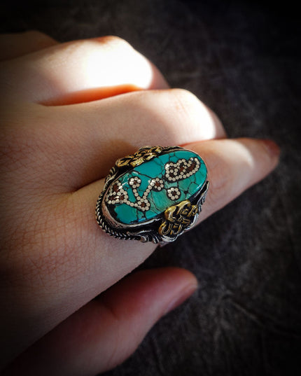Turquoise & Red Coral Patch Ring | Sterling Silver & Brass with Auspicious Knot