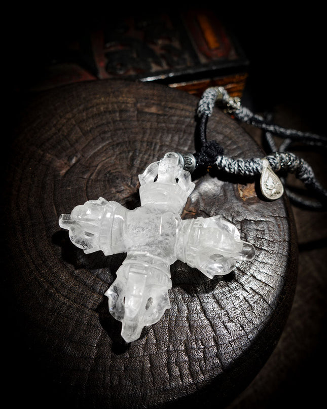 Clear Quartz Cross Dorje | Tibetan Vajra Protective Pendant