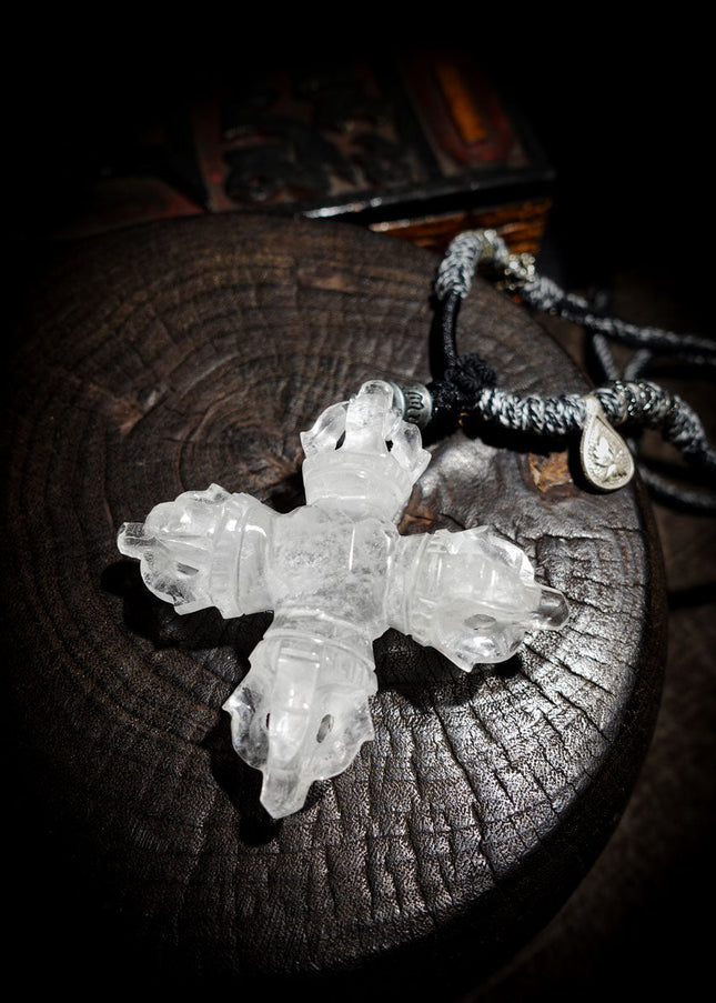 Clear Quartz Cross Dorje | Tibetan Vajra Protective Pendant