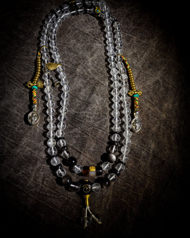 Tibetan 108 Bead Mala with Clear Quartz | Healer Bead & Zakirum Protection Design