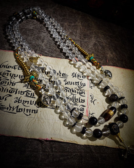 Tibetan 108 Bead Mala with Clear Quartz | Healer Bead & Zakirum Protection Design
