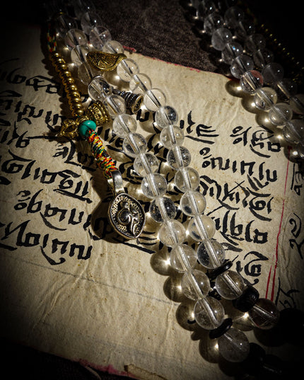 Tibetan 108 Bead Mala with Clear Quartz | Healer Bead & Zakirum Protection Design