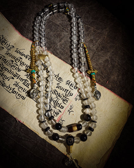 Tibetan 108 Bead Mala with Clear Quartz | Healer Bead & Zakirum Protection Design