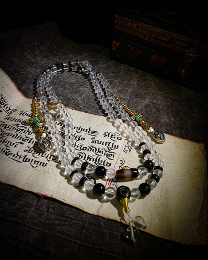 Tibetan 108 Bead Mala with Clear Quartz | Healer Bead & Zakirum Protection Design