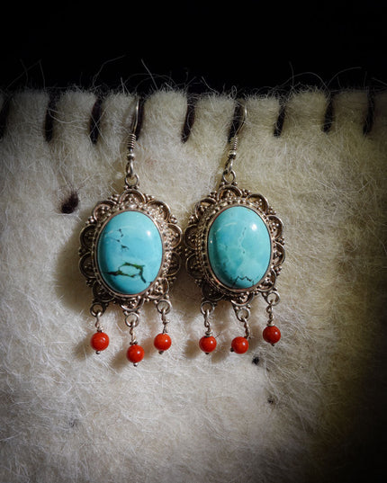 Sterling Silver Earrings with Turquoise & Red Agate
