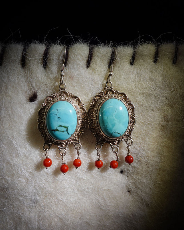 Sterling Silver Earrings with Turquoise & Red Agate