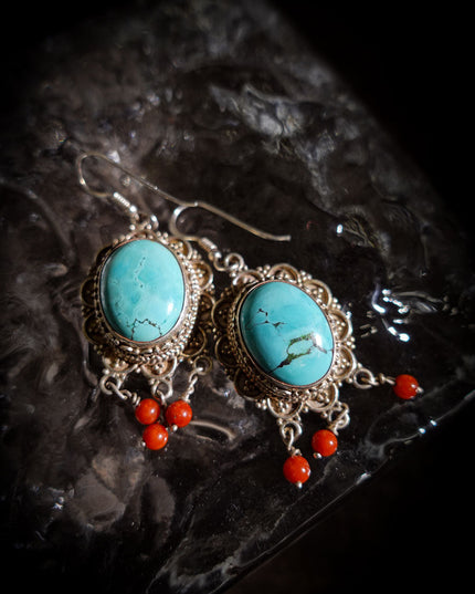 Sterling Silver Earrings with Turquoise & Red Agate