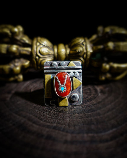 Turquoise & Red Coral Patchwork Ring | Gold-Plated Sterling Silver Tibetan-Inspired Ring