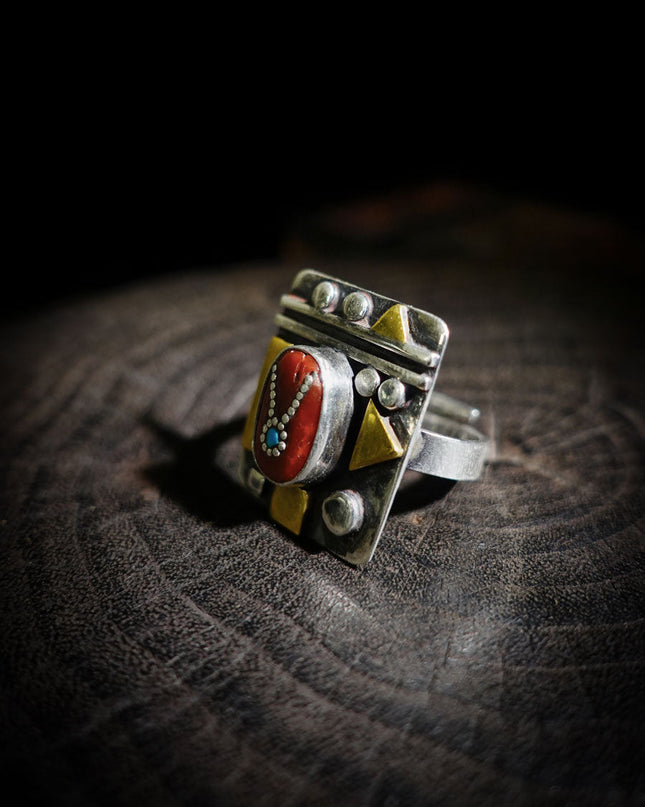 Turquoise & Red Coral Patchwork Ring | Gold-Plated Sterling Silver Tibetan-Inspired Ring
